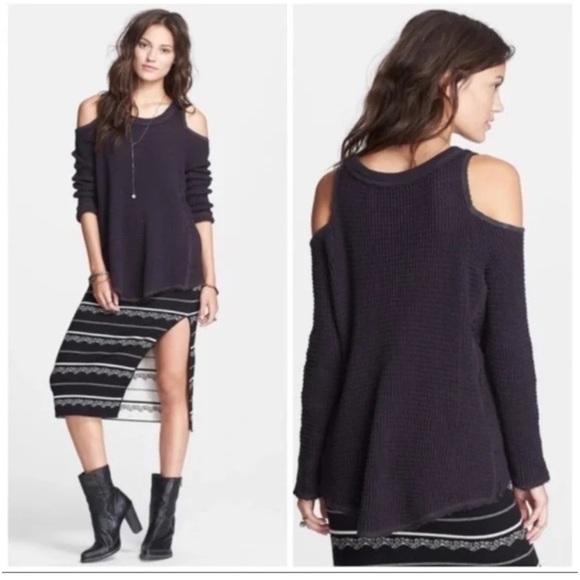Free People Sunset Cold Shoulder Thermal Waffle Knit Boho Top Size Medium - Picture 1 of 12